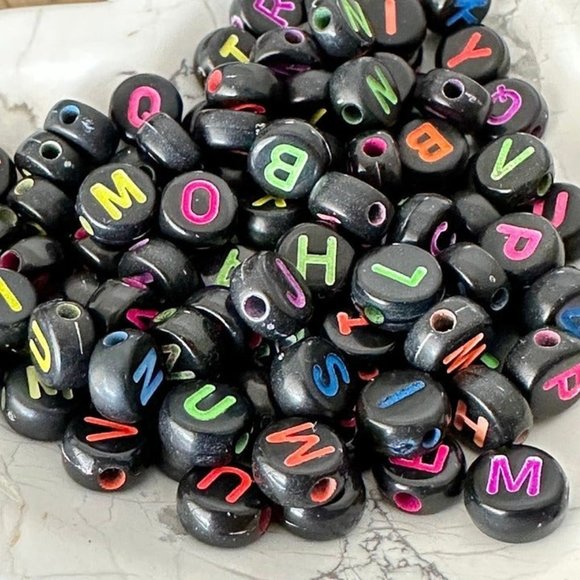 7mm Black Acrylic Letter Beads - Mixed Color Letters - Flat Round - Colorful - Picture 2 of 3